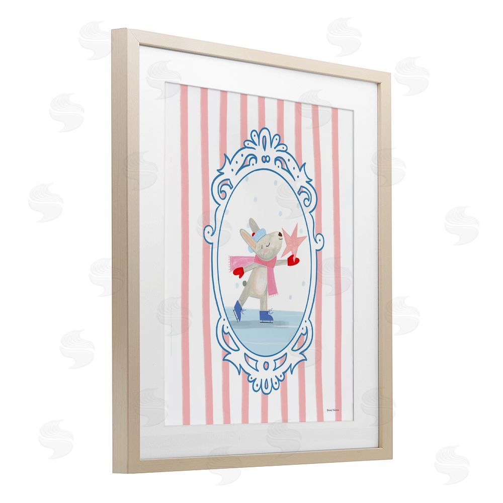 Rachel Nieman Wintery Bunny Ice Skating Birch Framed Print Under Glass with White Mat Wall Art