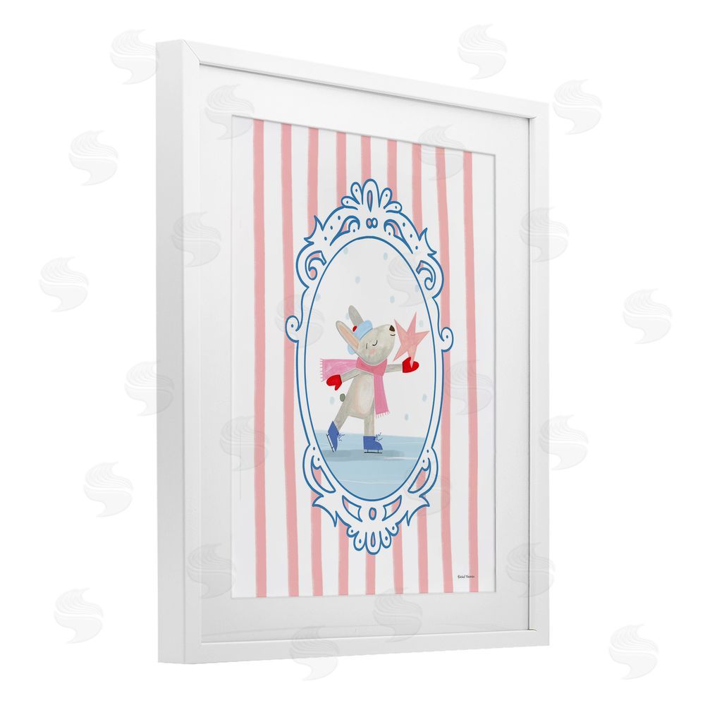 Rachel Nieman Wintery Bunny Ice Skating White Framed Print Under Glass with Mat Wall Art
