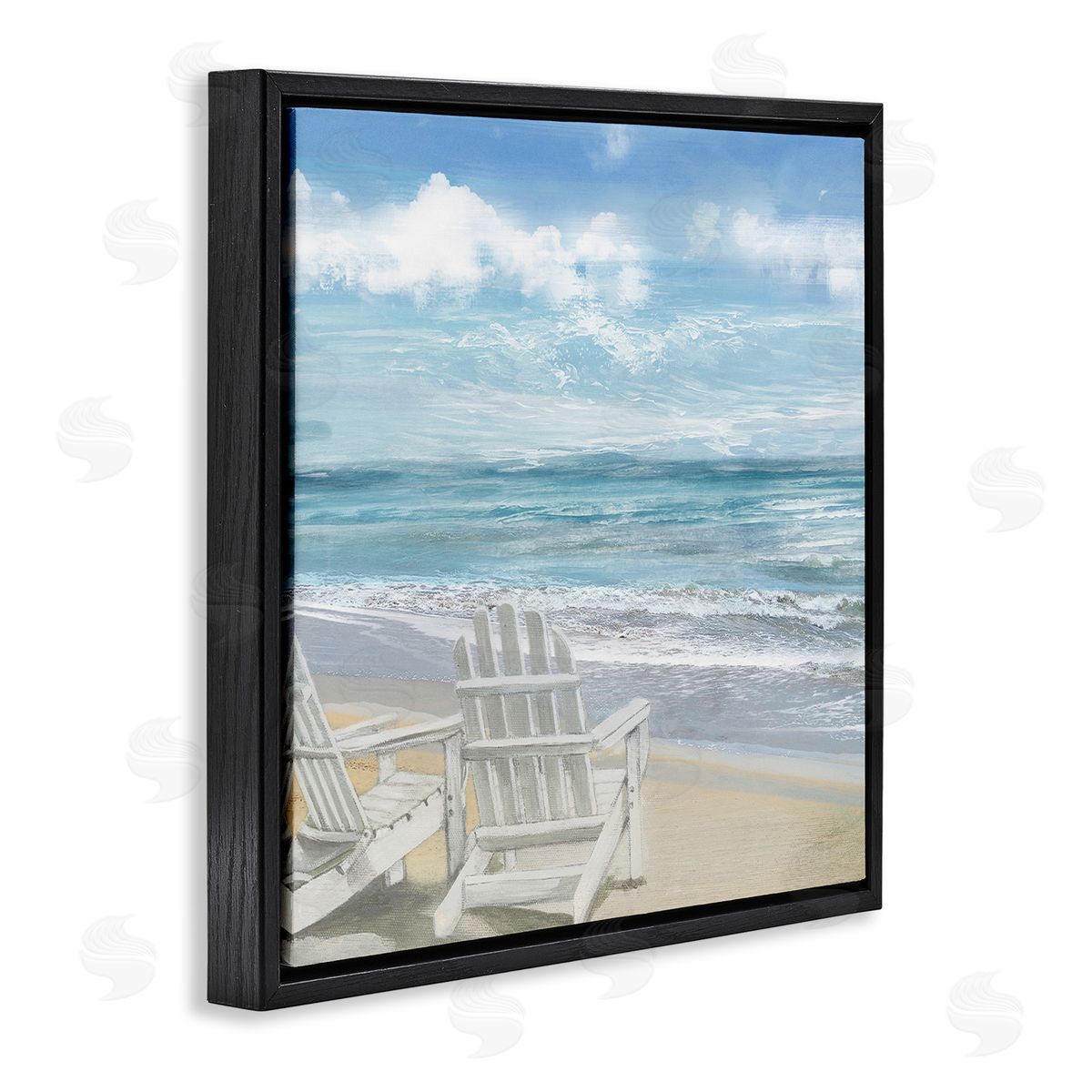 White Adirondack Chairs on Beach Black Floating Frame Canvas Wall Art, Home Decor by Main Line Art & Design