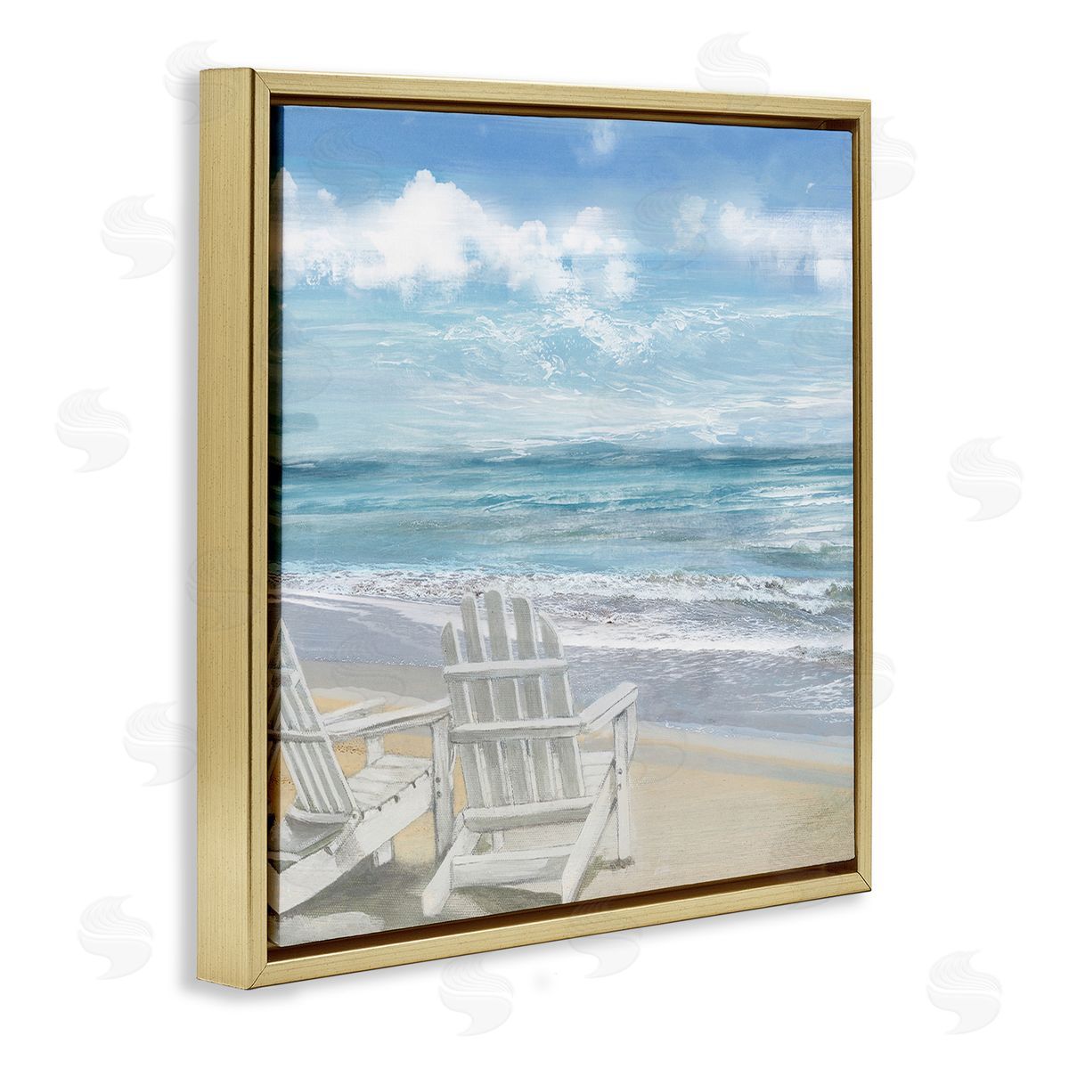 White Adirondack Chairs on Beach Gold Floating Frame Canvas Wall Art, Home Decor by Main Line Art & Design