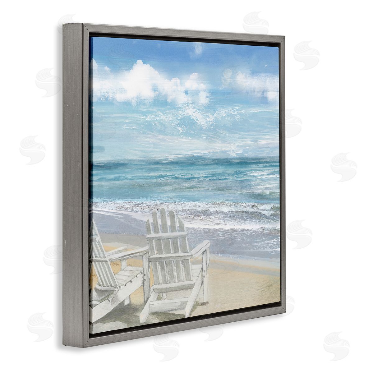 White Adirondack Chairs on Beach Grey Floating Frame Canvas Wall Art, Home Decor by Main Line Art & Design
