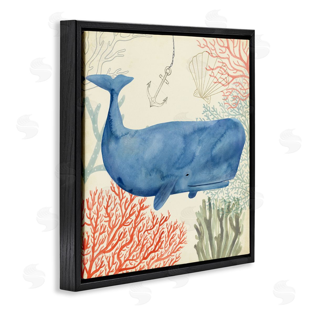 Underwater Whimsical Whale Watercolor Black Floating Frame Canvas Wall Art, Home Decor by Victoria Borges