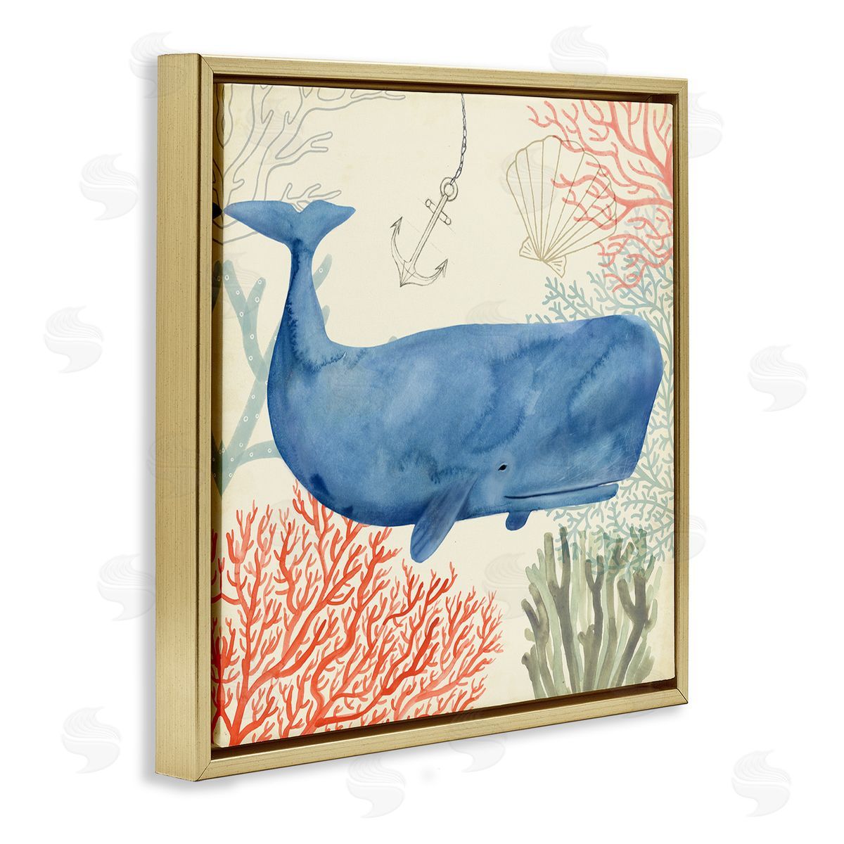 Underwater Whimsical Whale Watercolor Gold Floating Frame Canvas Wall Art, Home Decor by Victoria Borges