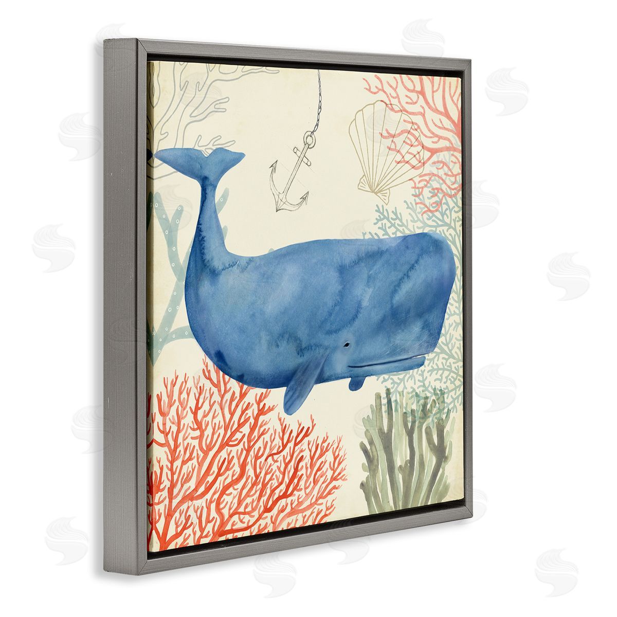Underwater Whimsical Whale Watercolor Grey Floating Frame Canvas Wall Art, Home Decor by Victoria Borges