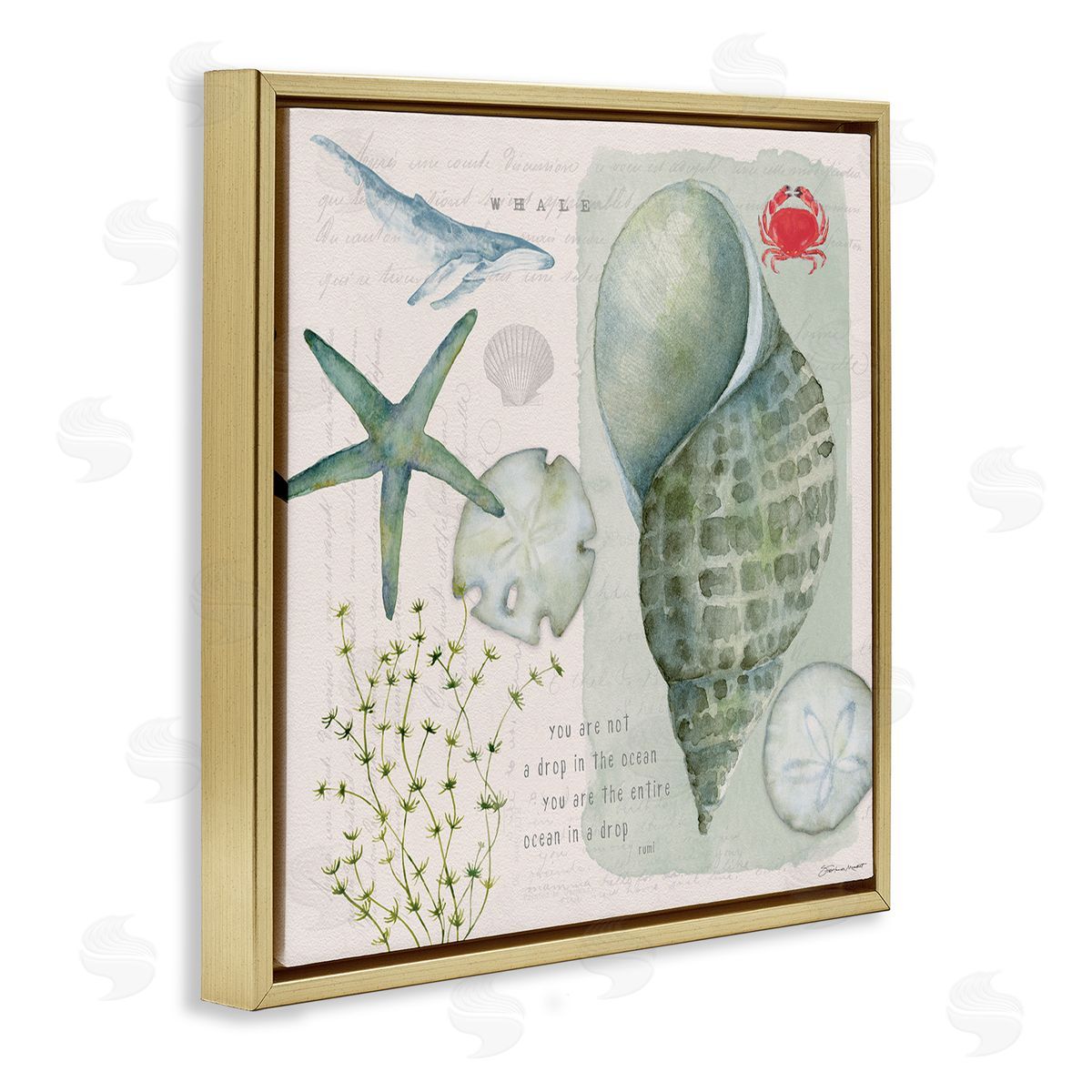 Sea Shell Inspirational Collage Gold Floating Frame Canvas Wall Art, Home Decor by Stephanie Workman Marrott