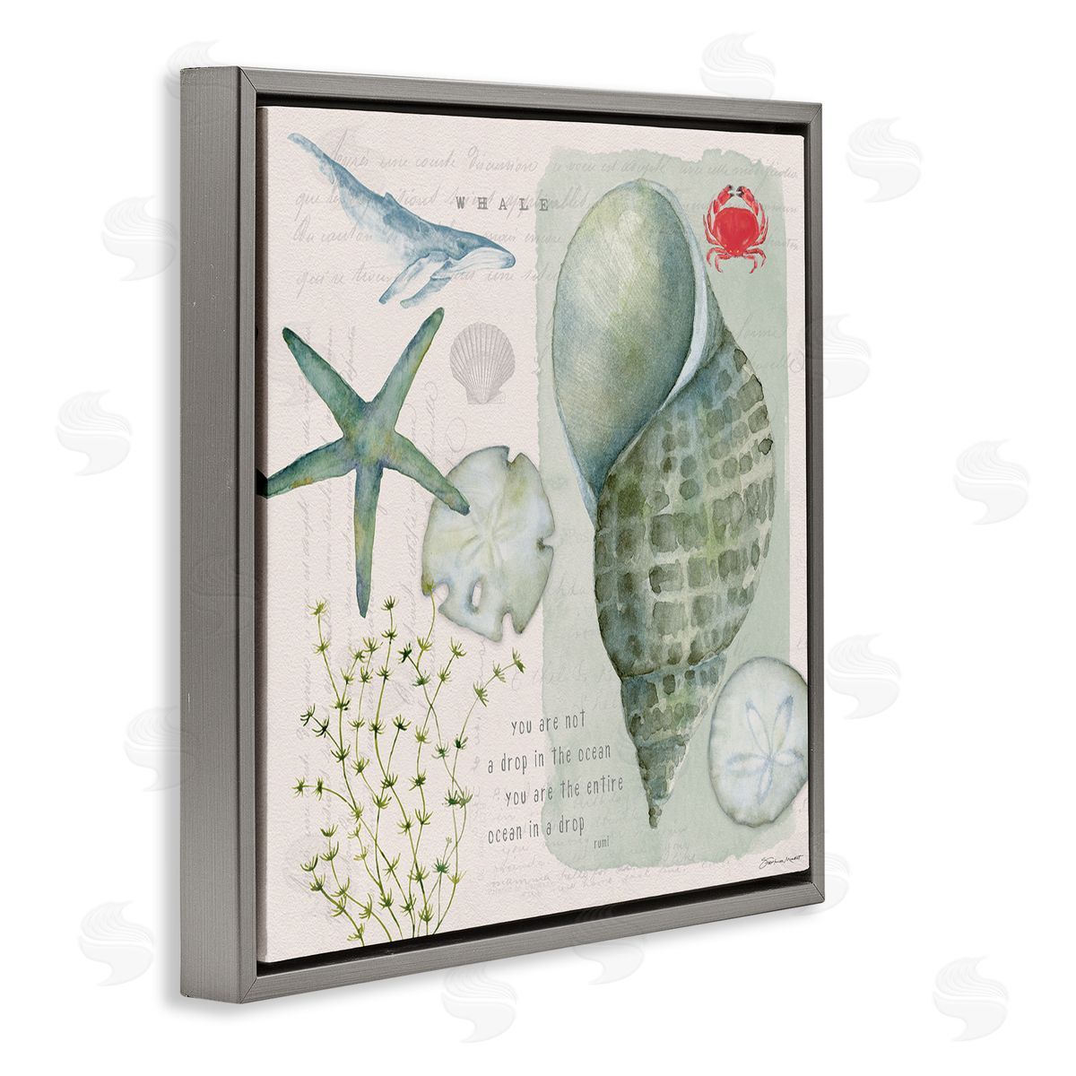 Sea Shell Inspirational Collage Grey Floating Frame Canvas Wall Art, Home Decor by Stephanie Workman Marrott