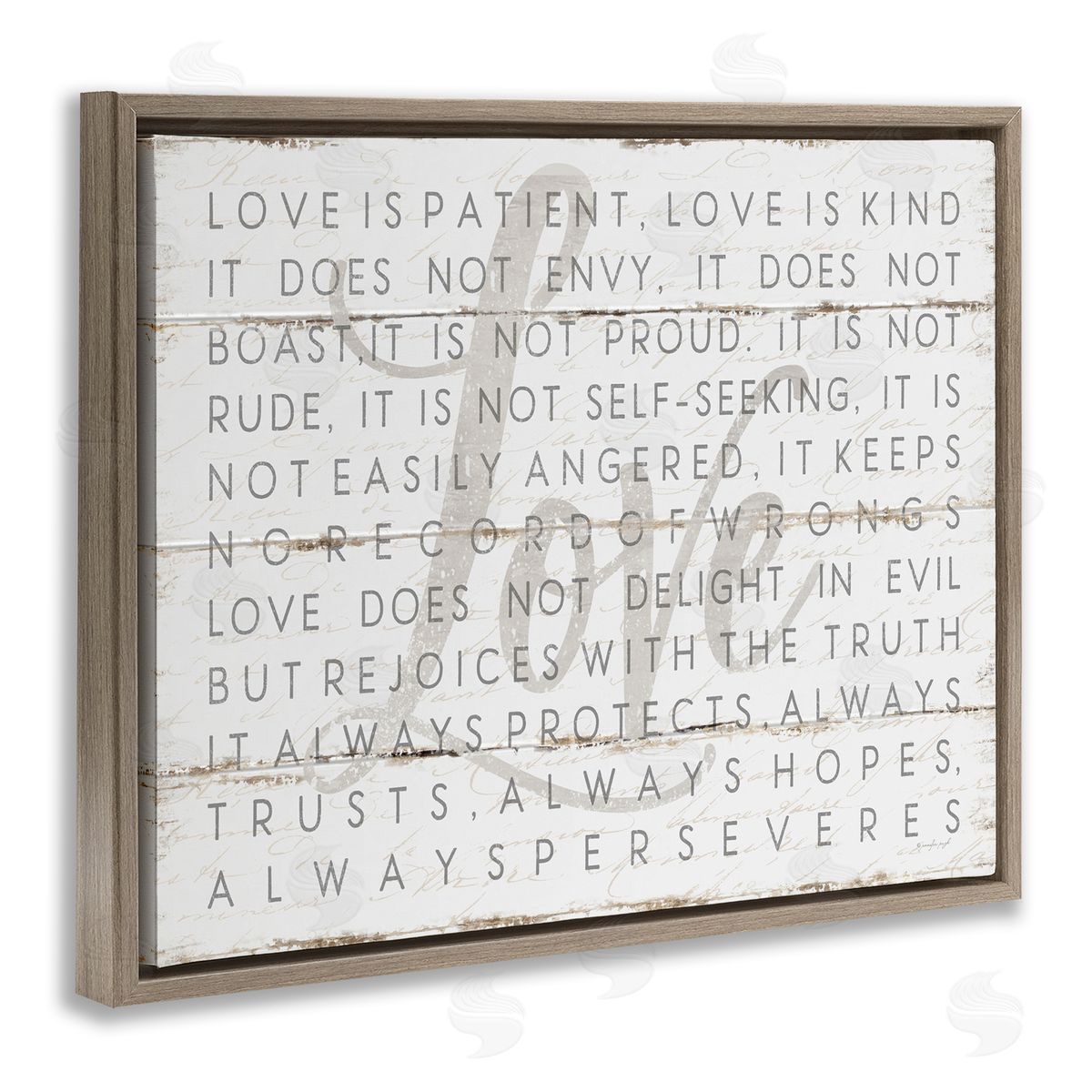 Love Is Patient Grey on White Planked Look Brown Floating Frame Canvas Wall Art, Home Decor by Jennifer Pugh