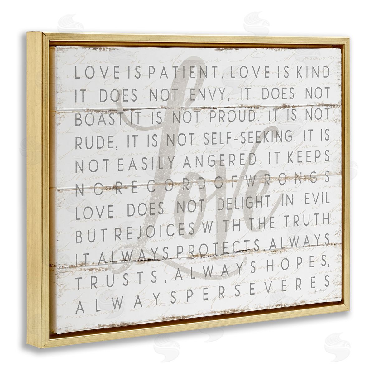 Love Is Patient Grey on White Planked Look Gold Floating Frame Canvas Wall Art, Home Decor by Jennifer Pugh