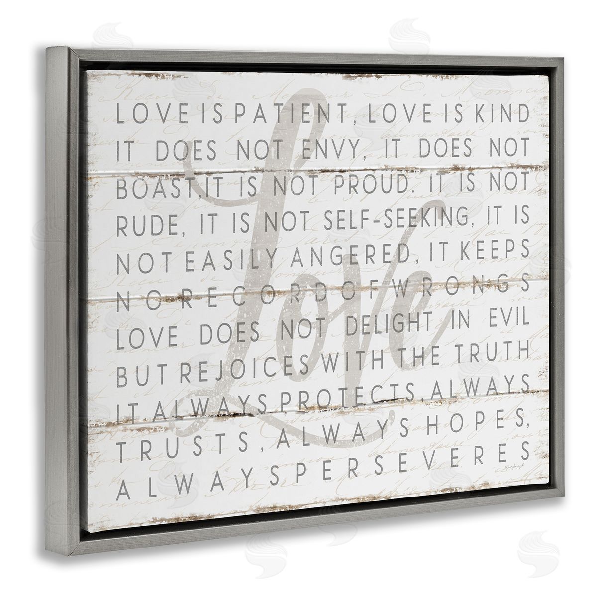Love Is Patient Grey on White Planked Look Grey Floating Frame Canvas Wall Art, Home Decor by Jennifer Pugh