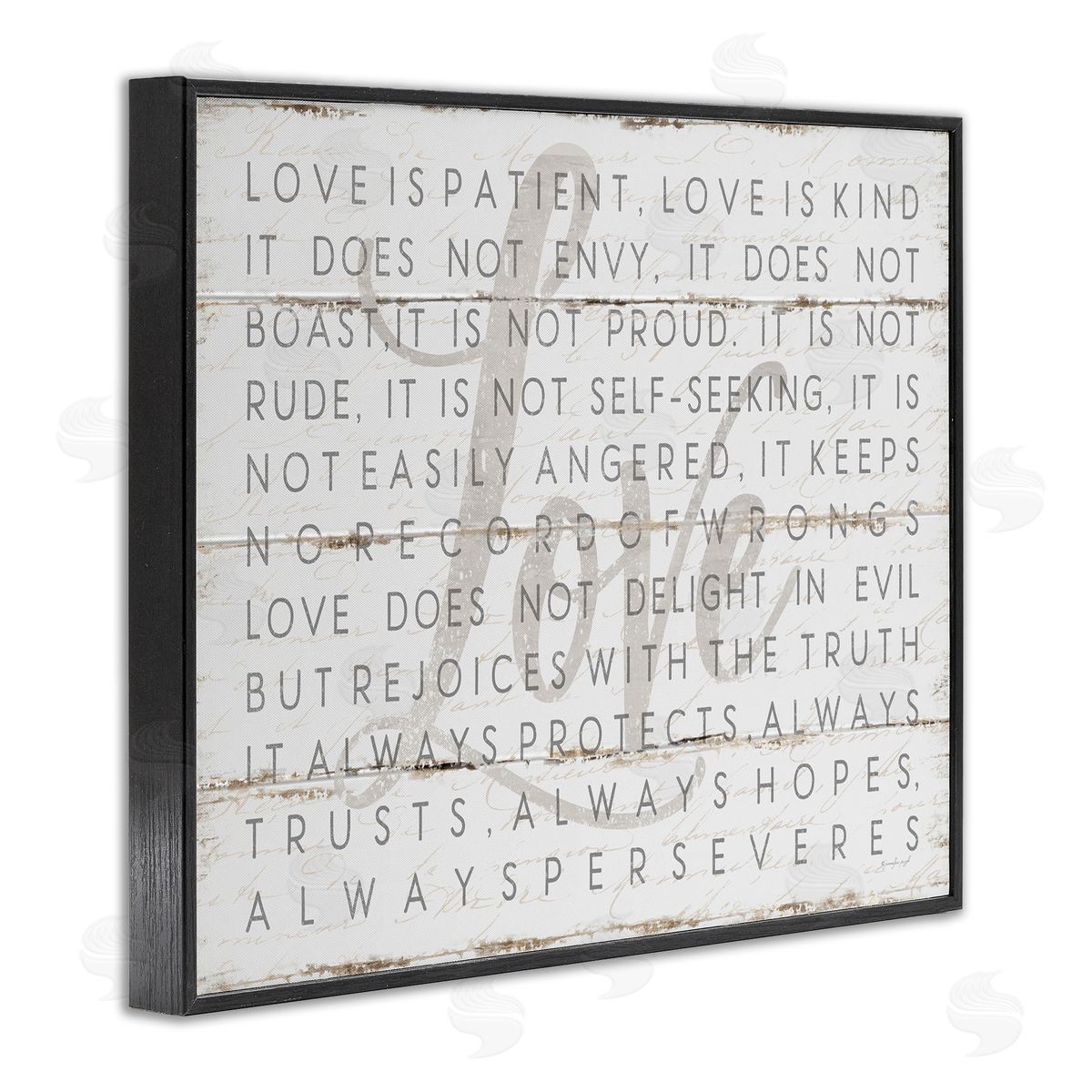 Love Is Patient Grey on White Planked Look Black Frame Print Wall Art, Home Decor by Jennifer Pugh