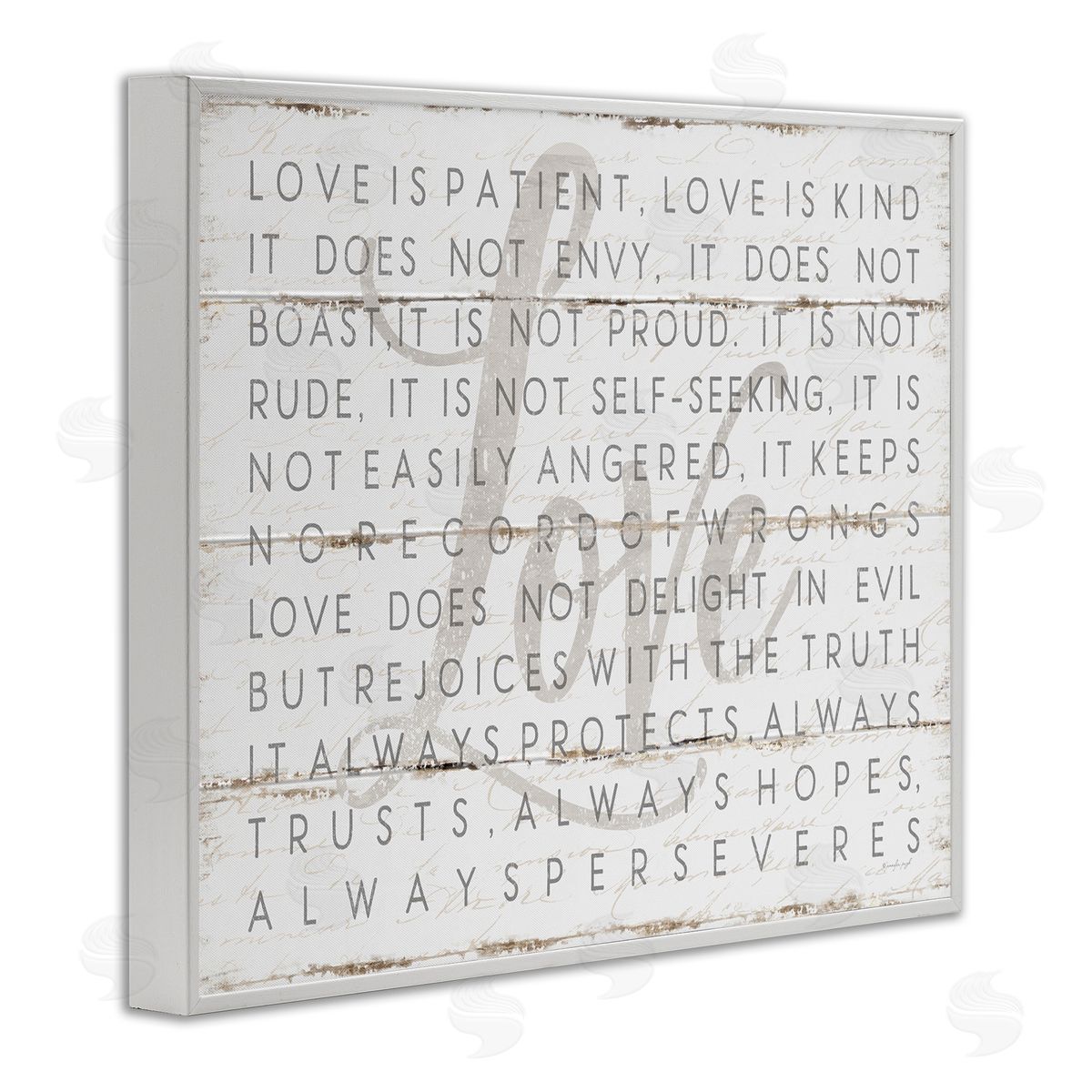 Love Is Patient Grey on White Planked Look White Frame Print Wall Art, Home Decor by Jennifer Pugh