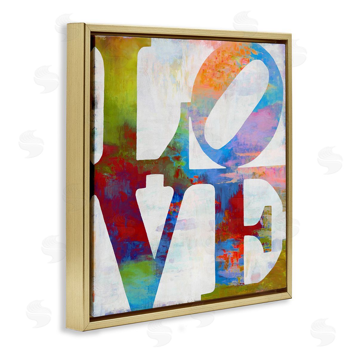 Love Rainbow Background Typography Gold Floating Frame Canvas Wall Art, Home Decor by Jamie MacDowell