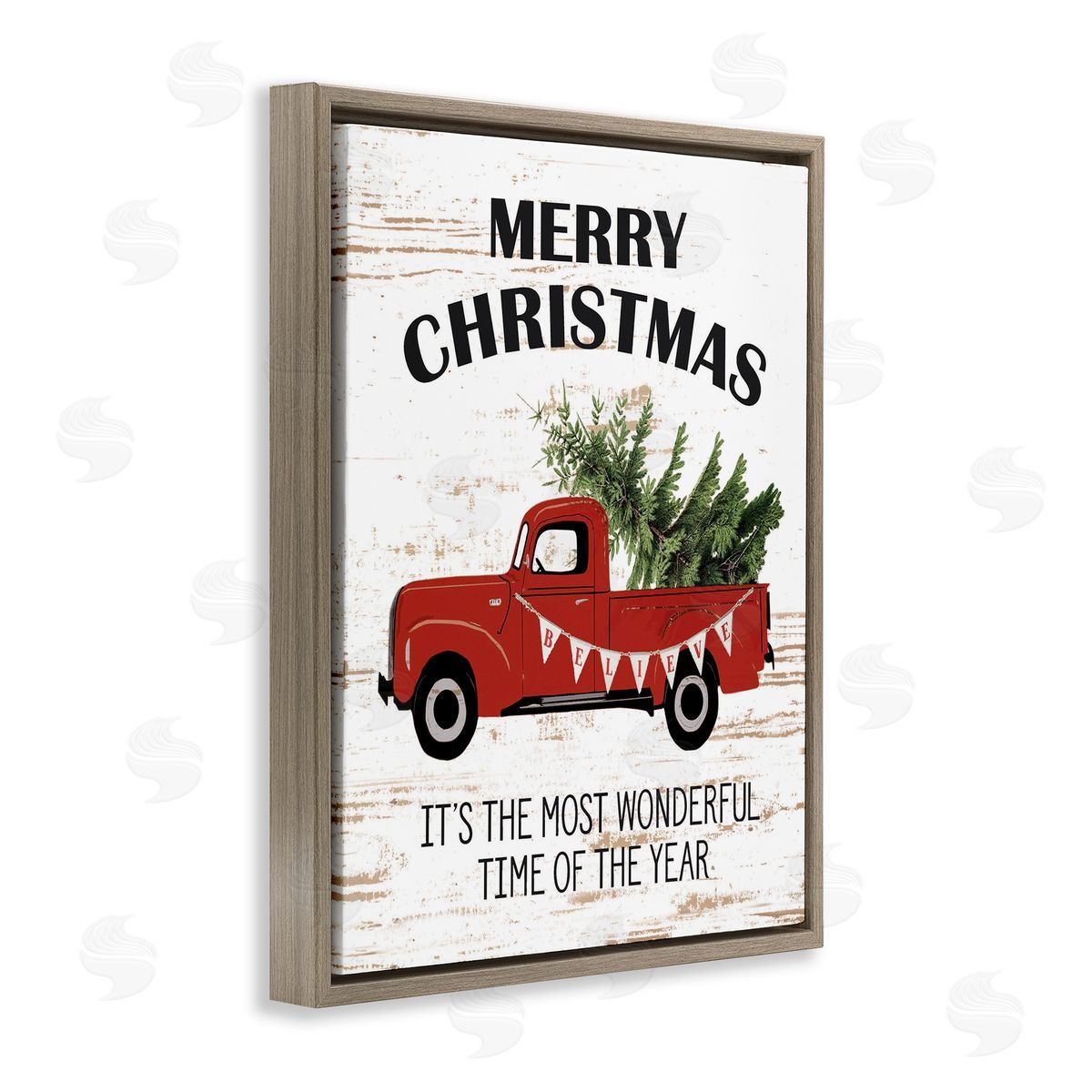 Christmas Most Wonderful Time Vintage Truck Brown Floating Frame Canvas Wall Art, Home Decor by Lettered and Lined