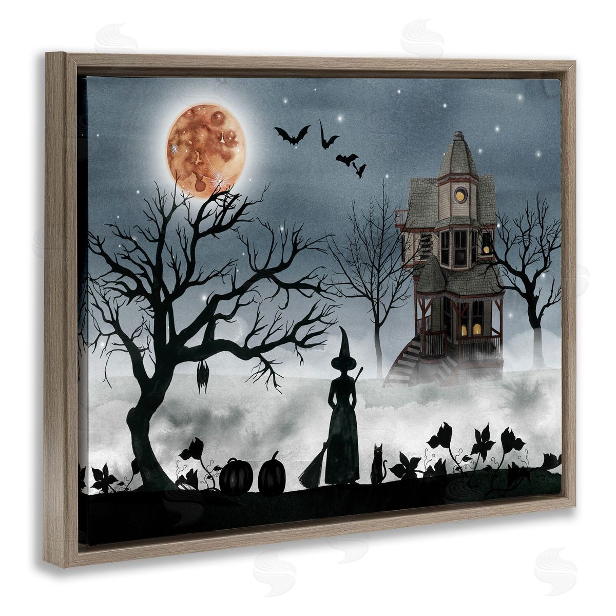 Witch & Haunted House Scene Brown Floating Frame Canvas Wall Art, Home Decor by Grace Popp