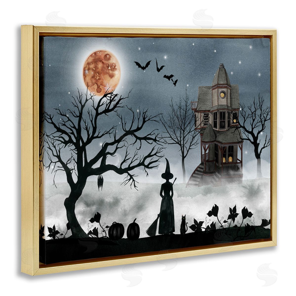 Witch & Haunted House Scene Gold Floating Frame Canvas Wall Art, Home Decor by Grace Popp