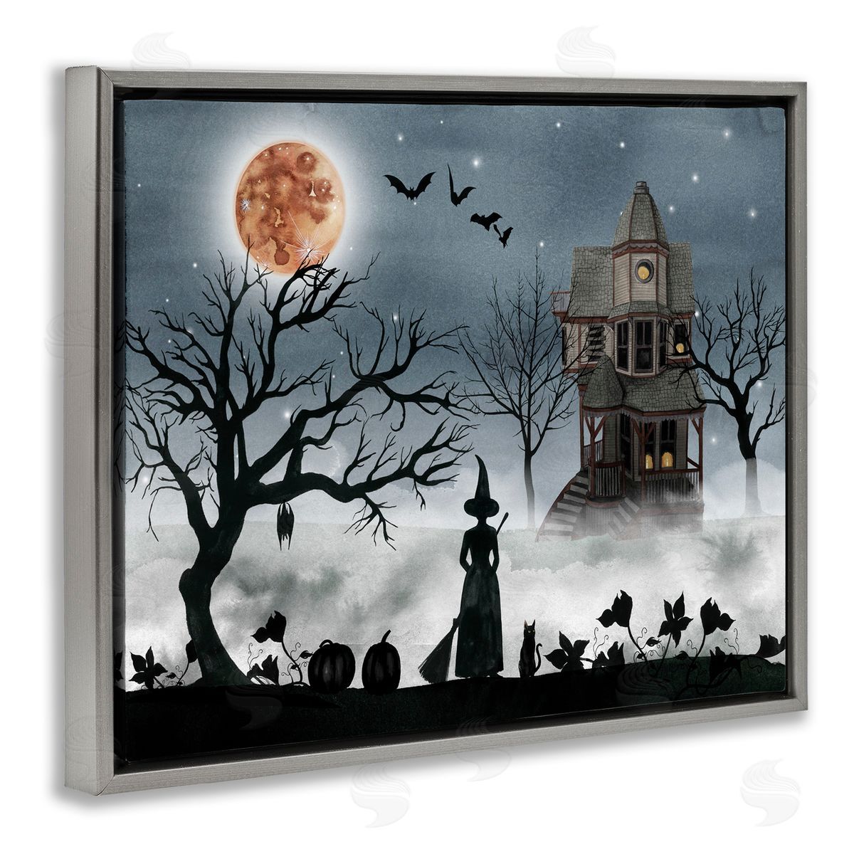 Witch & Haunted House Scene Grey Floating Frame Canvas Wall Art, Home Decor by Grace Popp