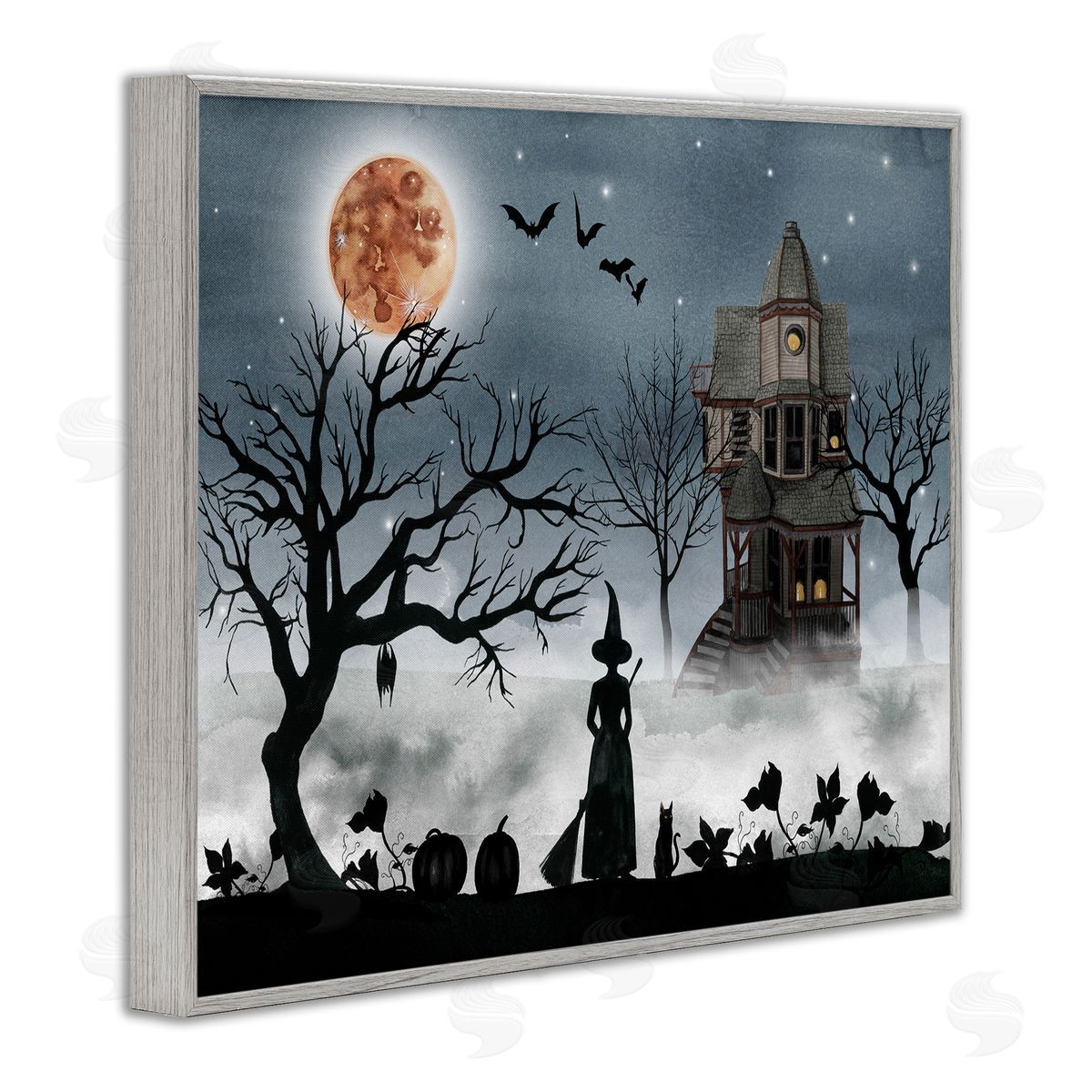 Witch & Haunted House Scene Grey Frame Print Wall Art, Home Decor by Grace Popp