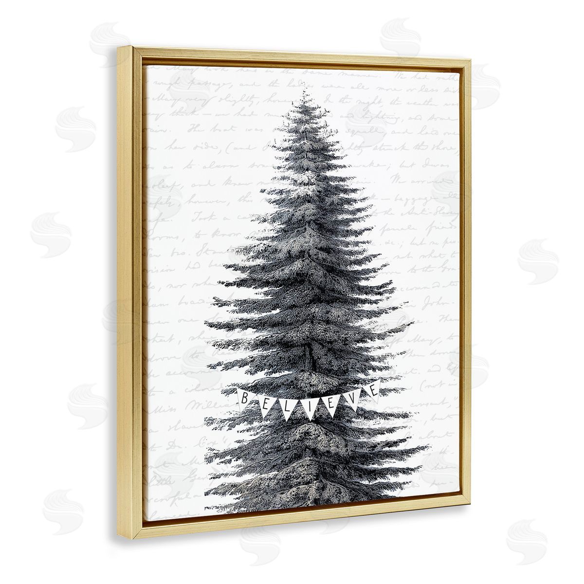 Snow Dusted Christmas Tree Gold Floating Frame Canvas Wall Art, Home Decor by Lettered and Lined