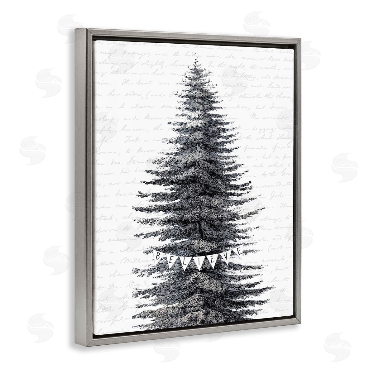 Snow Dusted Christmas Tree Grey Floating Frame Canvas Wall Art, Home Decor by Lettered and Lined