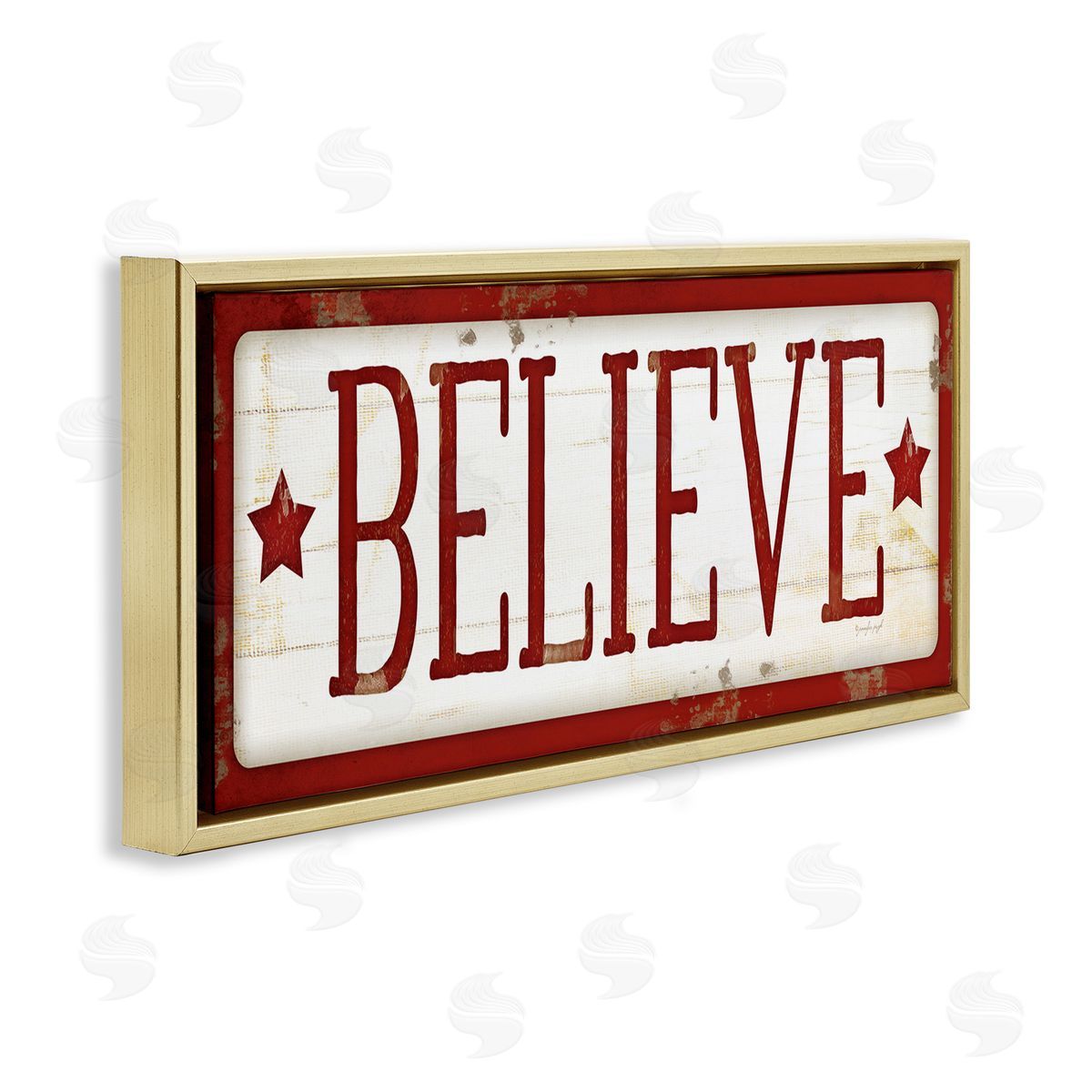 Believe Red Christmas Phrase Gold Floating Frame Canvas Wall Art, Home Decor by Jennifer Pugh