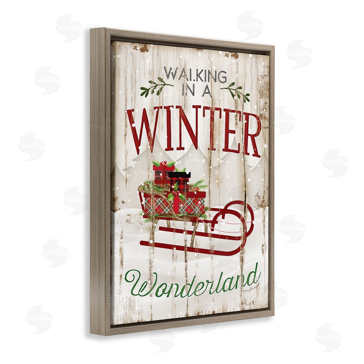 Rustic Winter Wonderland Sleigh Brown Floating Frame Canvas Wall Art, Home Decor by Jennifer Pugh