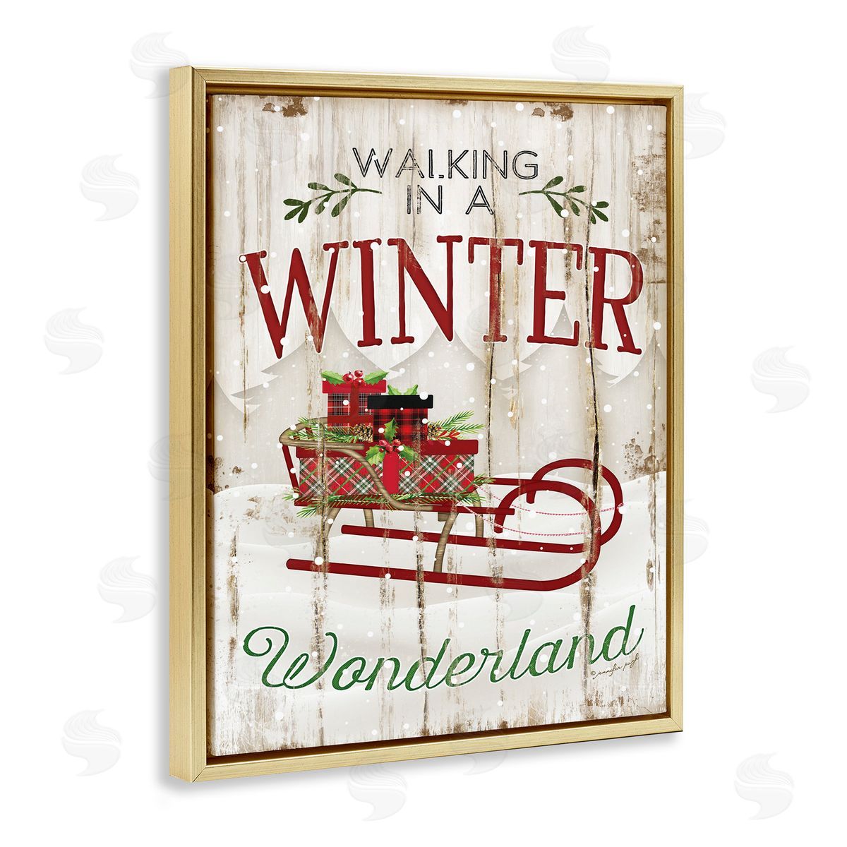 Rustic Winter Wonderland Sleigh Gold Floating Frame Canvas Wall Art, Home Decor by Jennifer Pugh