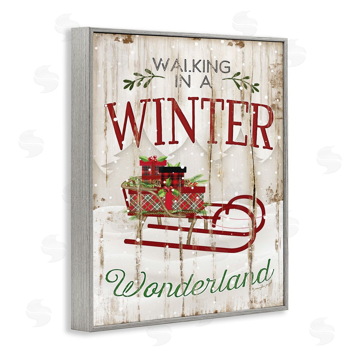 Rustic Winter Wonderland Sleigh Grey Frame Print Wall Art, Home Decor by Jennifer Pugh