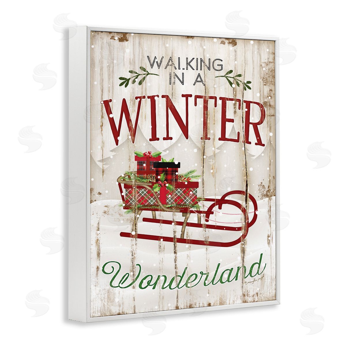 Rustic Winter Wonderland Sleigh White Frame Print Wall Art, Home Decor by Jennifer Pugh