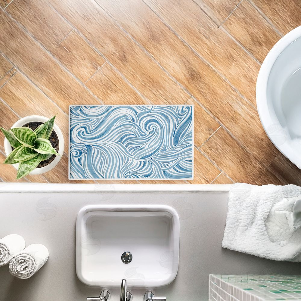 Emma Peal Blue Sea Scrolls Pattern Plush Bathroom Floor Mat