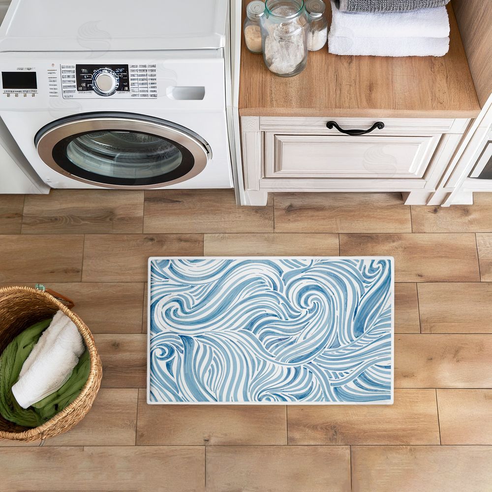 Emma Peal Blue Sea Scrolls Pattern Plush Bathroom Floor Mat