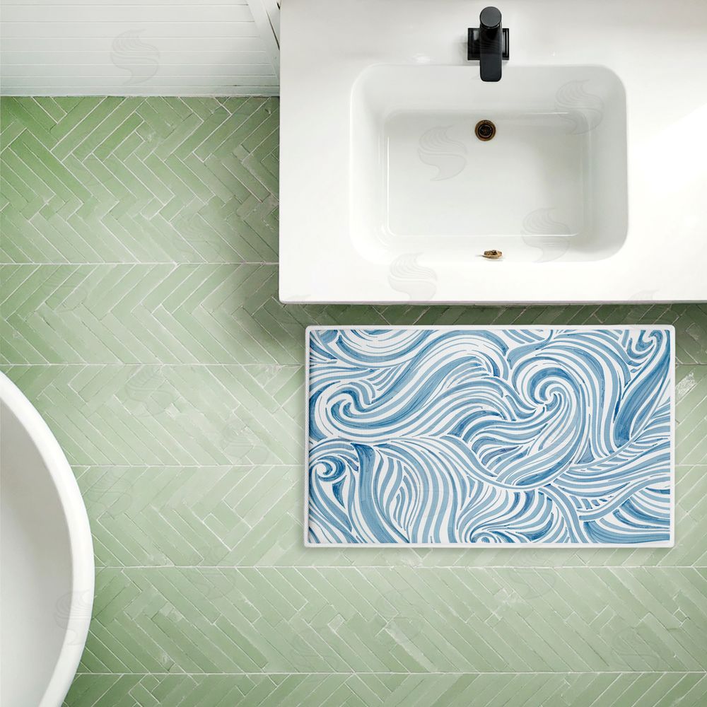 Emma Peal Blue Sea Scrolls Pattern Plush Bathroom Floor Mat