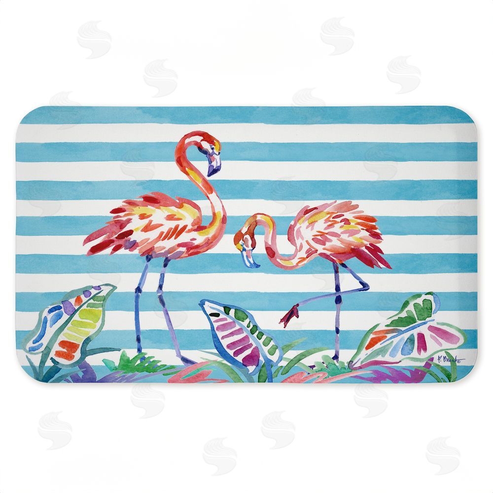 Paul Brent Brushstroke Flamingos on Stripes Kitchen Floor Mat