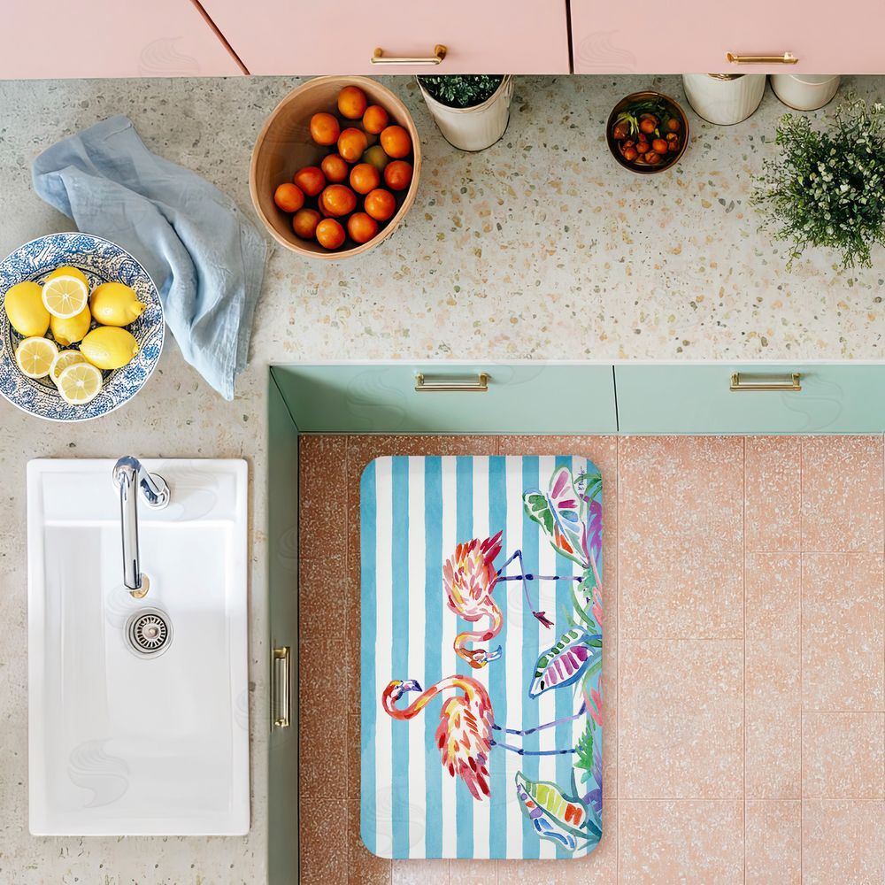 Paul Brent Brushstroke Flamingos on Stripes Kitchen Floor Mat