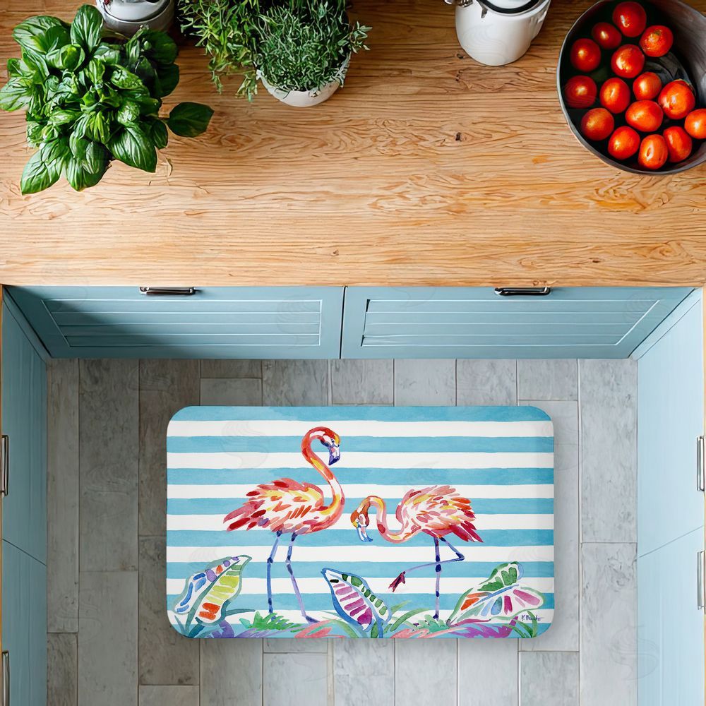 Paul Brent Brushstroke Flamingos on Stripes Kitchen Floor Mat