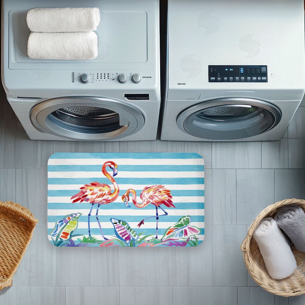 Paul Brent Brushstroke Flamingos on Stripes Kitchen Floor Mat