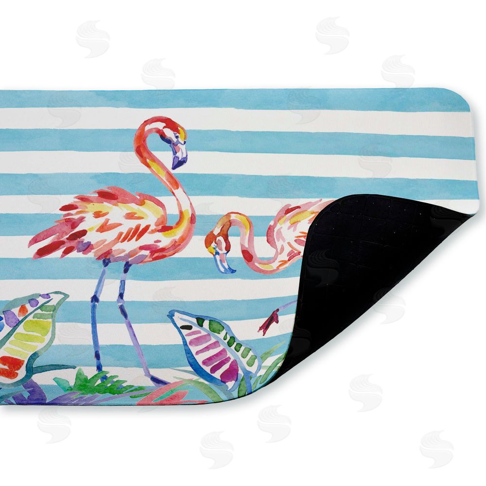 Paul Brent Brushstroke Flamingos on Stripes Kitchen Floor Mat