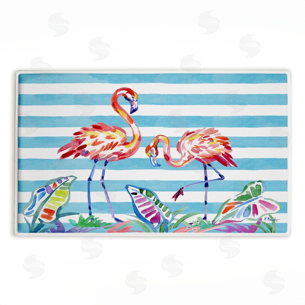 Paul Brent Brushstroke Flamingos on Stripes Plush Bathroom Floor Mat