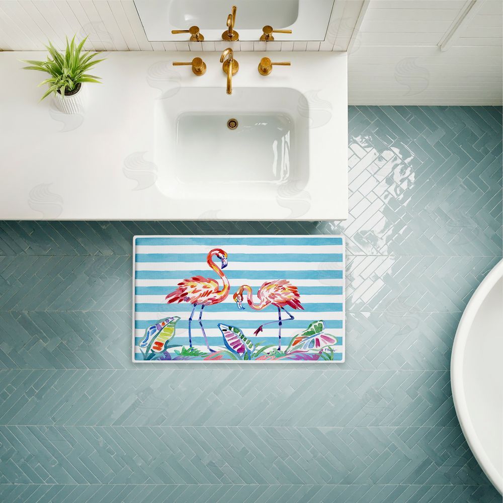 Paul Brent Brushstroke Flamingos on Stripes Plush Bathroom Floor Mat
