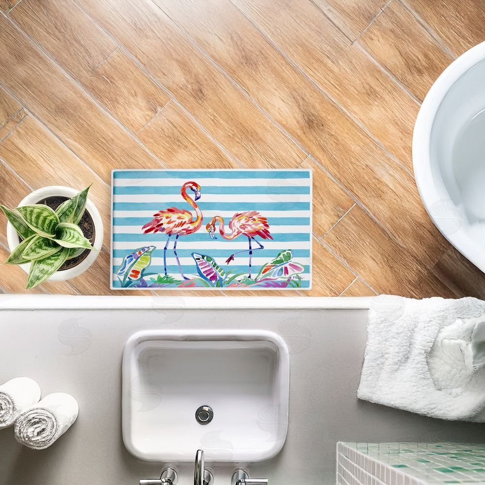 Paul Brent Brushstroke Flamingos on Stripes Plush Bathroom Floor Mat