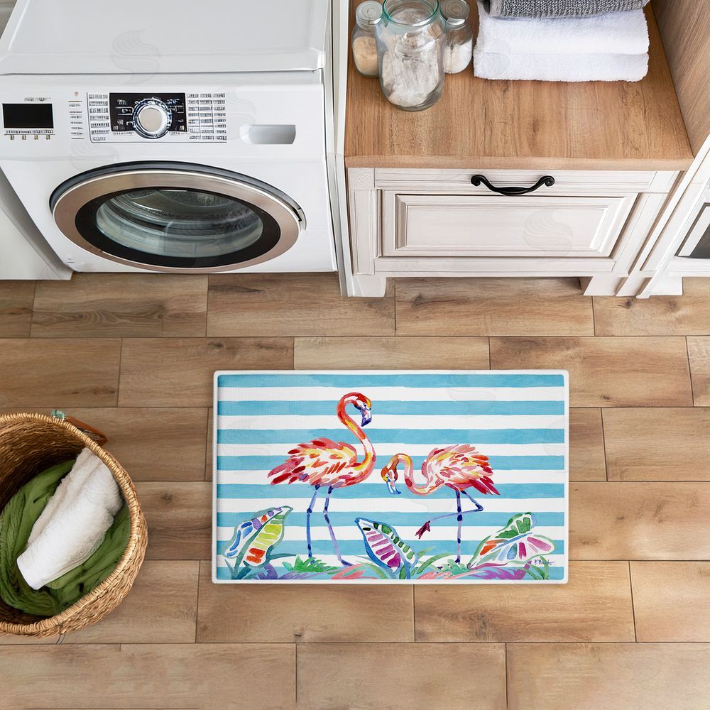 Paul Brent Brushstroke Flamingos on Stripes Plush Bathroom Floor Mat