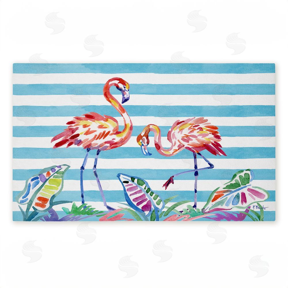 Paul Brent Brushstroke Flamingos on Stripes Unwoven Outdoor Door Mat