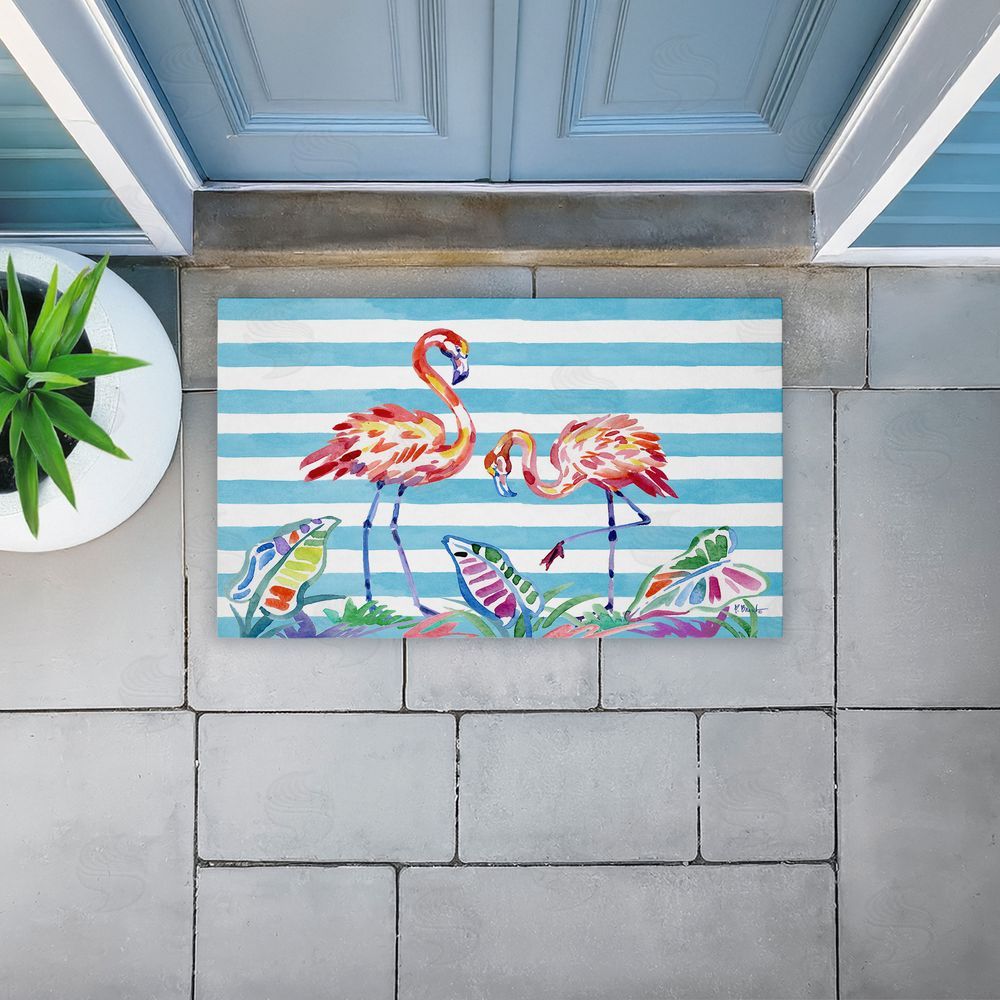 Paul Brent Brushstroke Flamingos on Stripes Unwoven Outdoor Door Mat