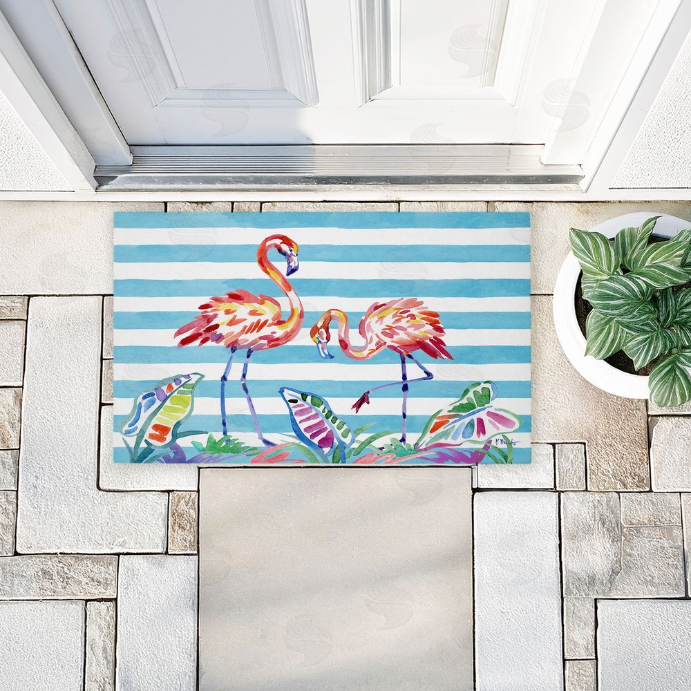 Paul Brent Brushstroke Flamingos on Stripes Unwoven Outdoor Door Mat