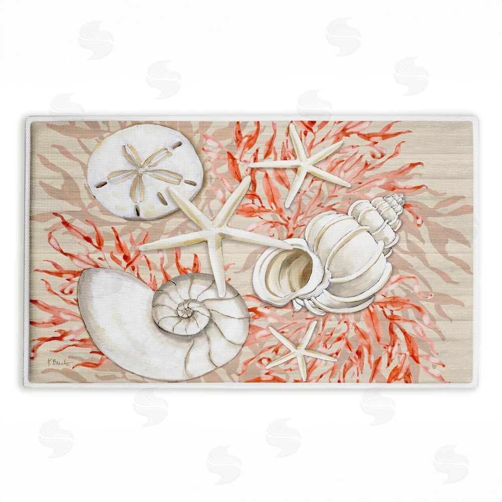 Paul Brent Coral & White Shells Plush Bathroom Floor Mat