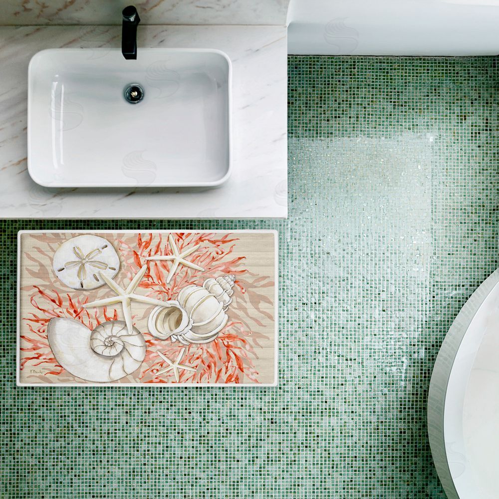 Paul Brent Coral & White Shells Plush Bathroom Floor Mat
