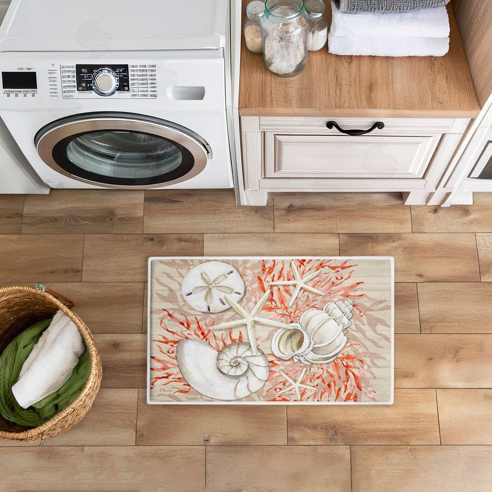 Paul Brent Coral & White Shells Plush Bathroom Floor Mat