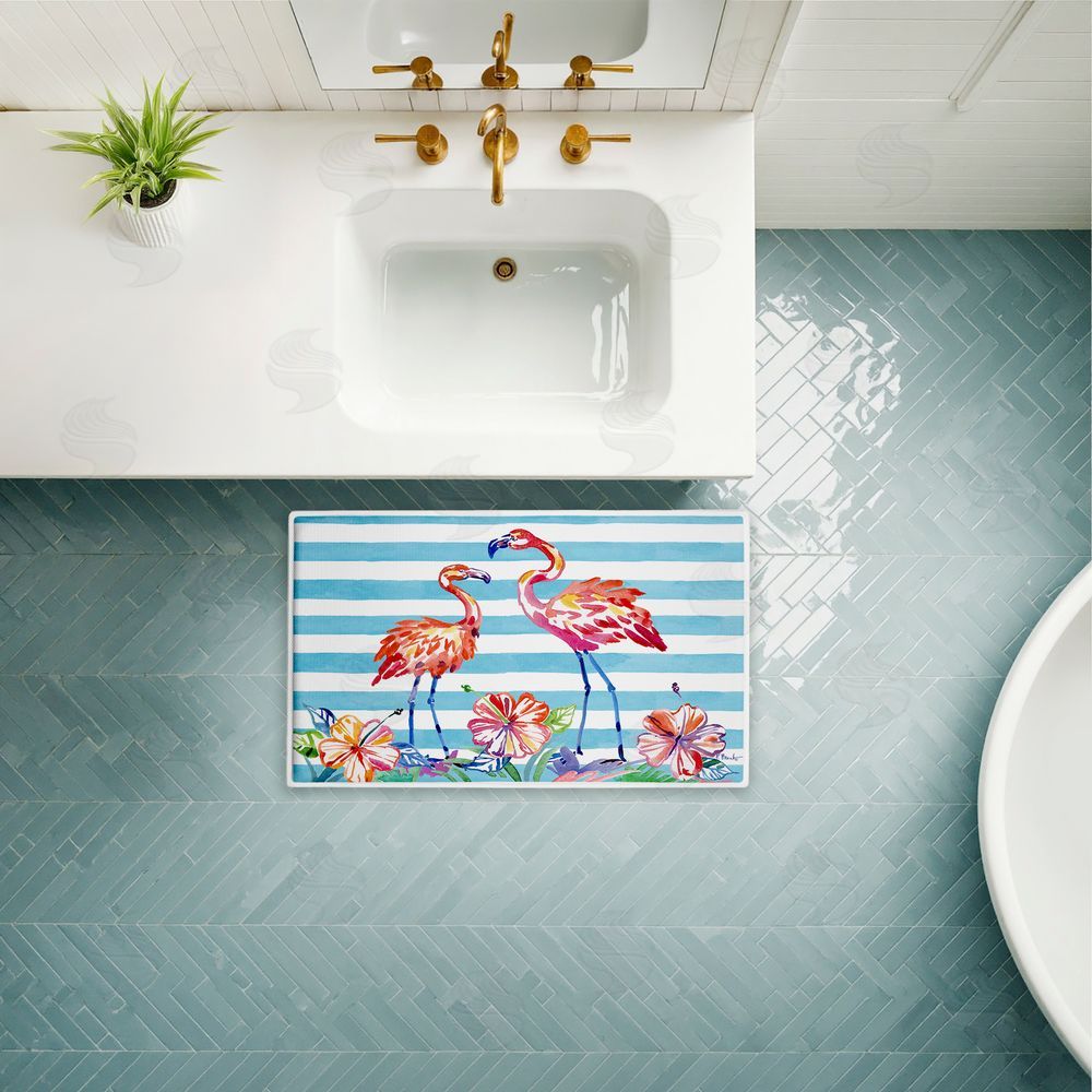 Paul Brent Brushstroke Flamingo Stripes Plush Bathroom Floor Mat