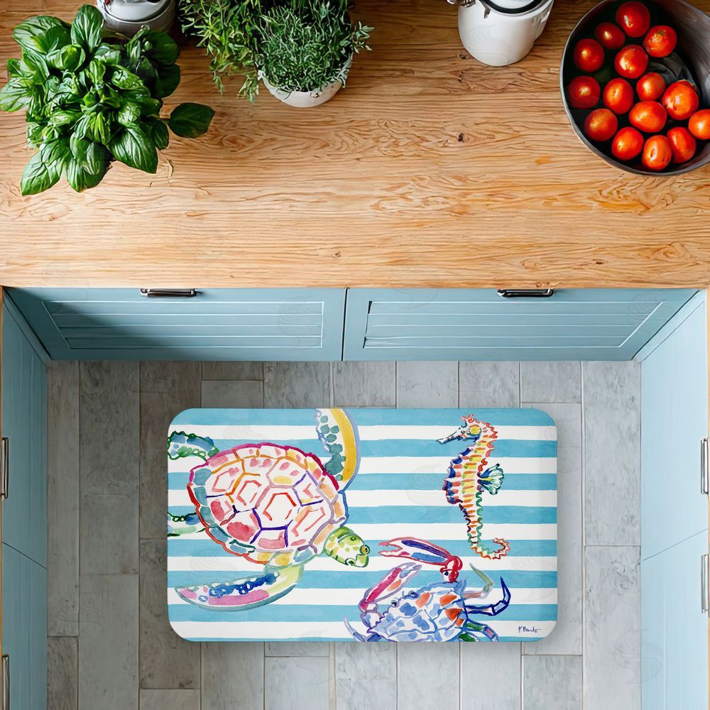 Paul Brent Brushstroke Sea Life on Stripes Kitchen Floor Mat