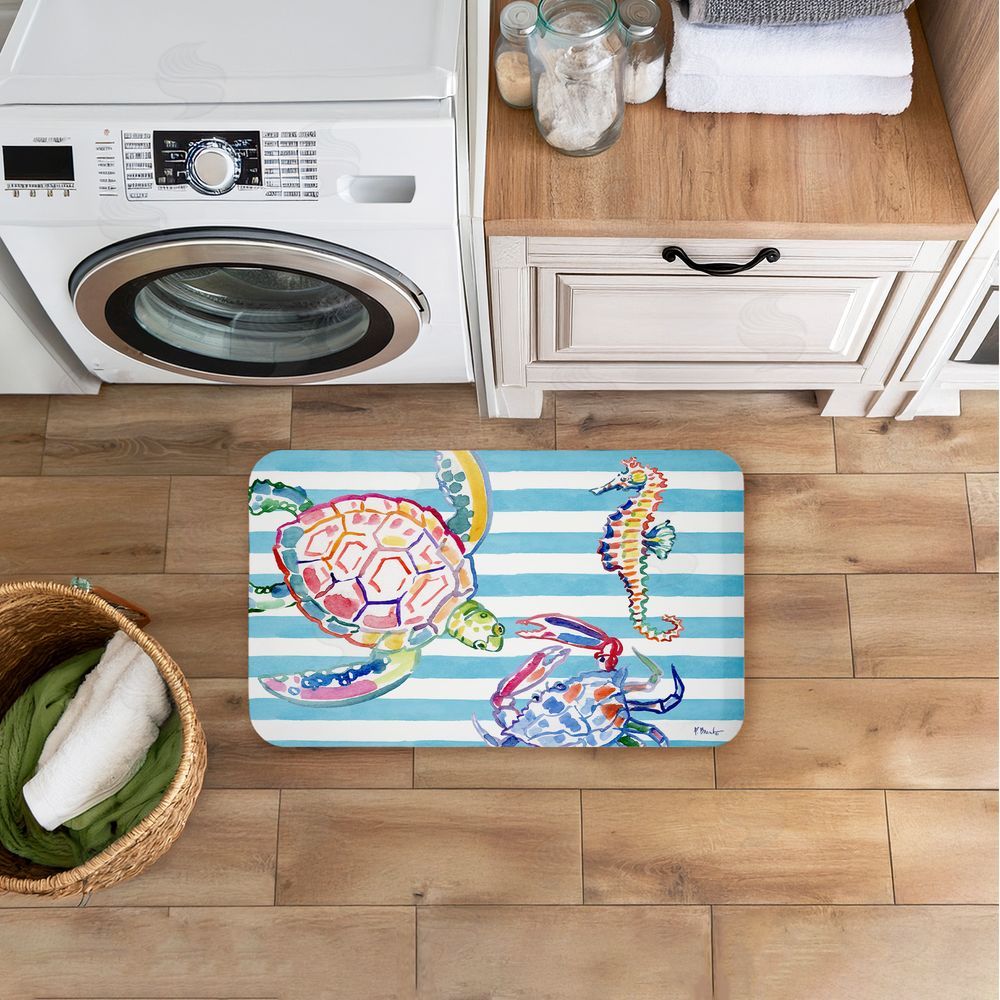 Paul Brent Brushstroke Sea Life on Stripes Kitchen Floor Mat