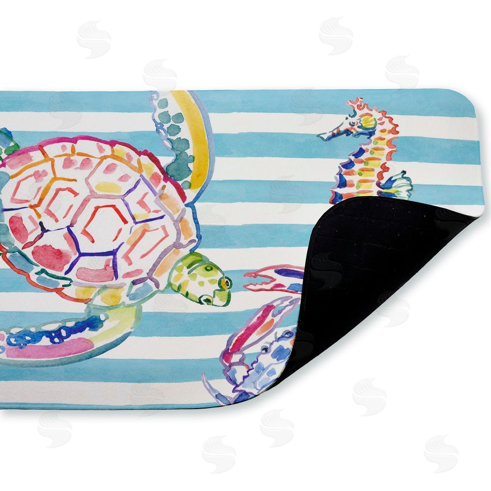 Paul Brent Brushstroke Sea Life on Stripes Kitchen Floor Mat